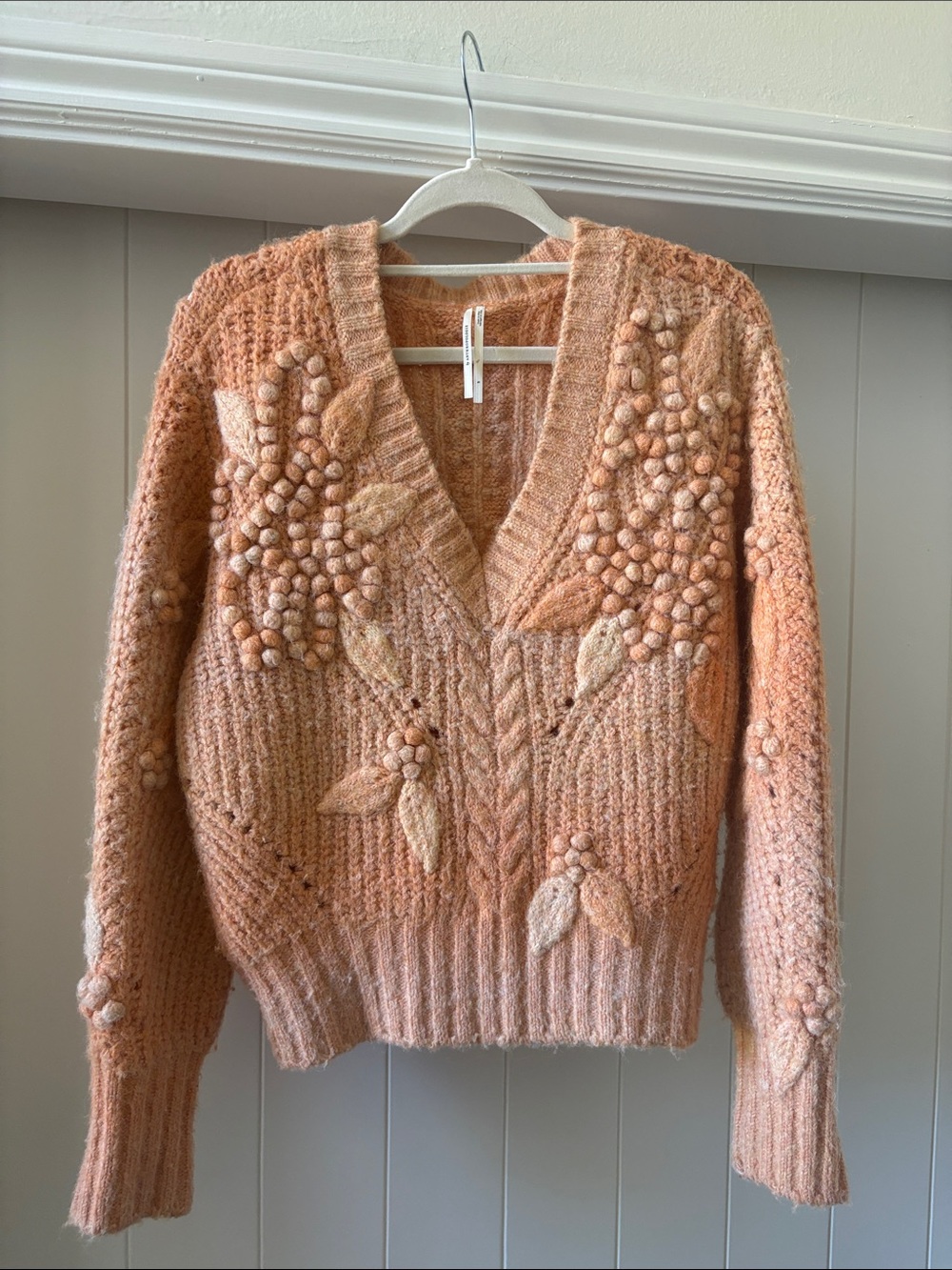 Anthropologie Women’s Peach Knit V-Neck Sweater with Pom Pom Floral Detail